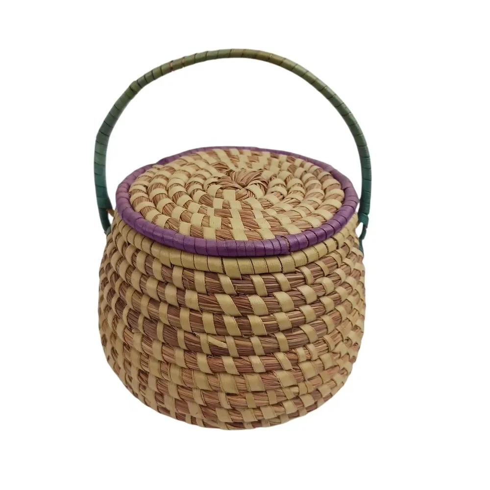 Vtg Sweetgrass Basket With Lid Low Country Single Handle Gullah